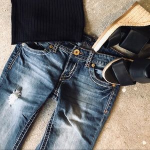 Blue Distressed Boot Cut Jeans